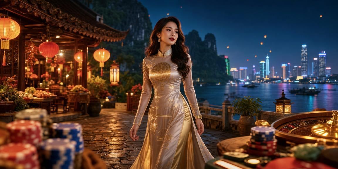 Người phụ nữ mặc áo dài tại Ninh Bình cầm vé xổ số với phong cảnh núi non
